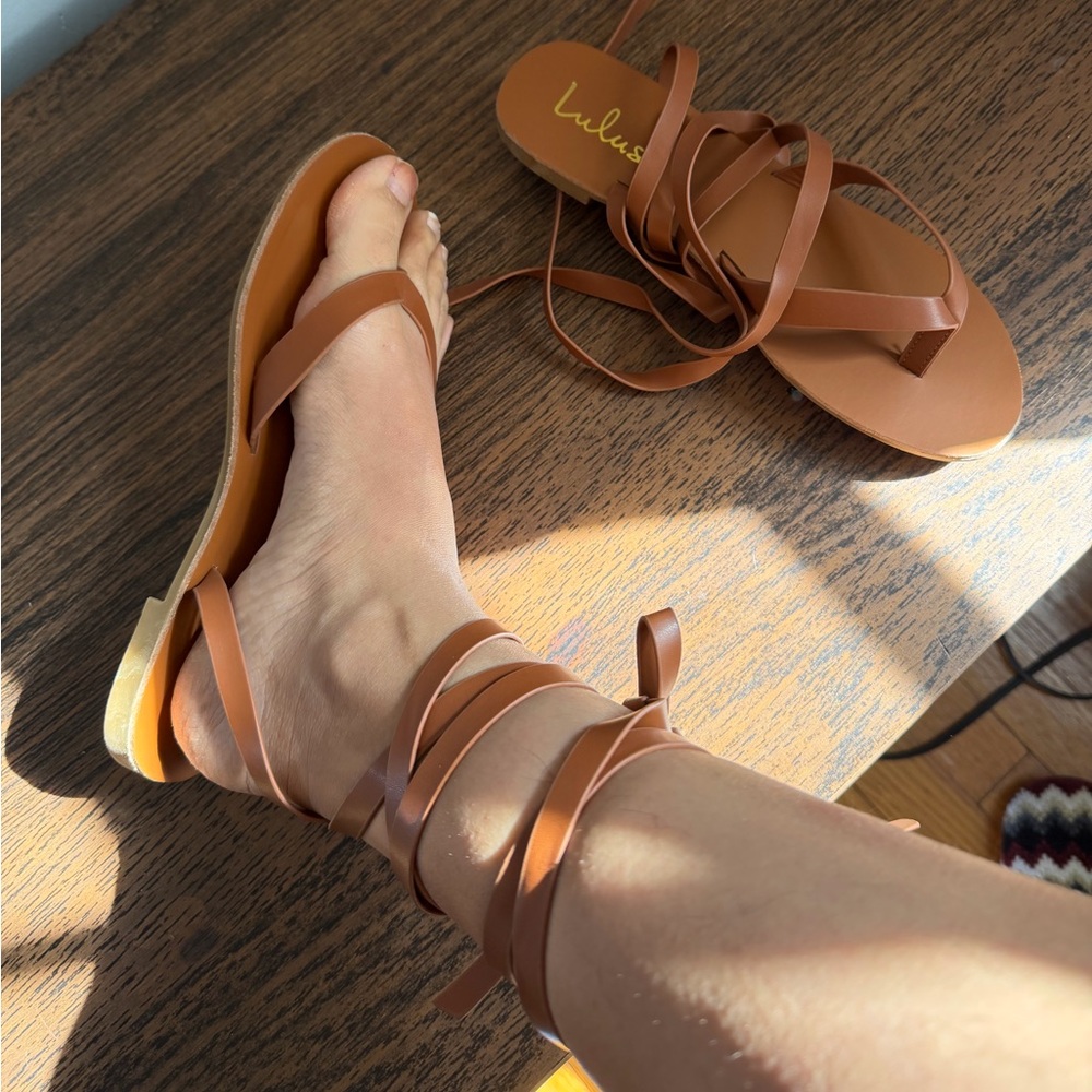 Lulu's Cognac Lace-Up Flat Sandals